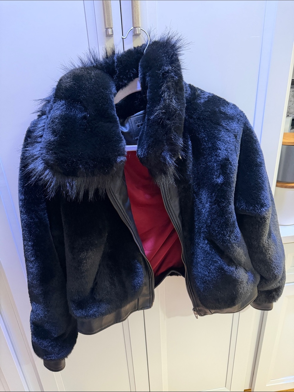 Blank NYC Faux Fur Bomber Jacket with Contrast Red Lining